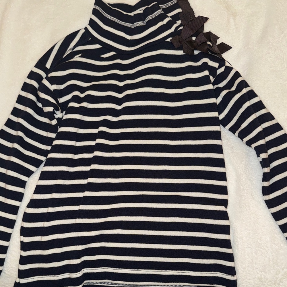 Striped Turtleneck Sweater Dress with Bow Accents